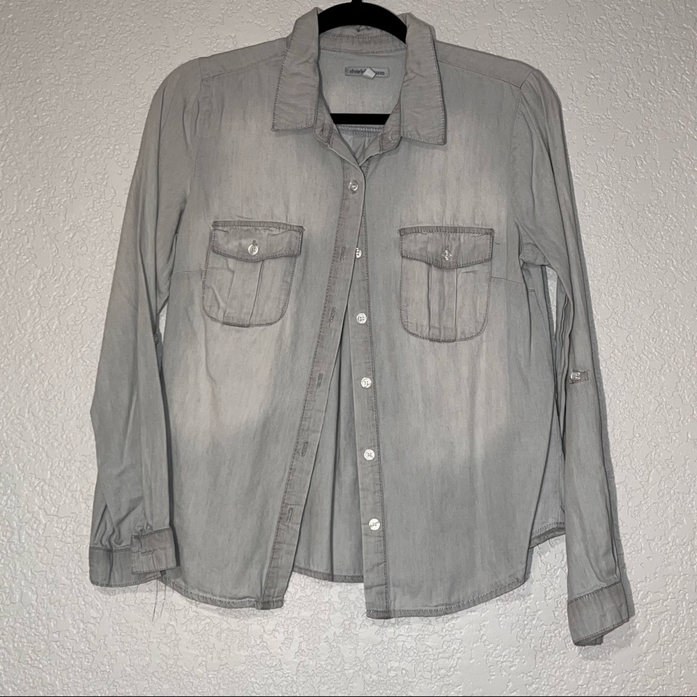 Charlotte Russe Medium Light Grey Long Roll-Tab Sleeve Button Up Collared Shirt